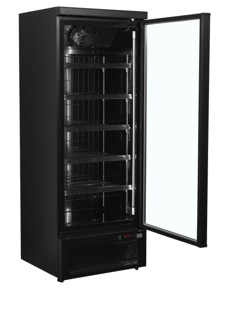 Verkaufsgefrierschrank – 1 Glastür – 390 L – 750×760×2003 mm – Schwarz RAL9005 – Innenraum schwarz – -18 bis -22 °C – 5 verstellbar – 600 W - Innenansicht