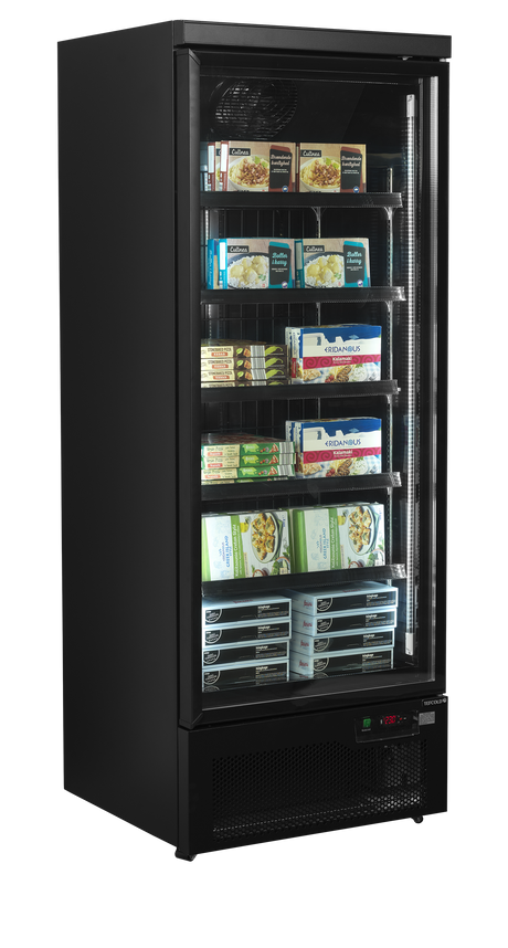 Verkaufsgefrierschrank – 1 Glastür – 390 L – 750×760×2003 mm – Schwarz RAL9005 – Innenraum schwarz – -18 bis -22 °C – 5 verstellbar – 600 W - Anwendungsbeispiel