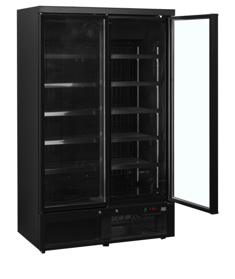 Verkaufsgefrierschrank – 2 Glastüren – 702 L – 1253×760×2003 mm – Schwarz RAL9005 – Innenraum schwarz – -18 bis -22 °C – 10 verstellbar – 1205 W - Innenansicht