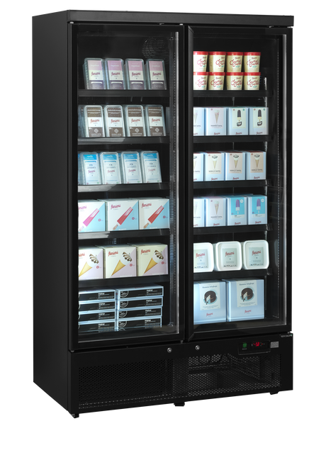 Verkaufsgefrierschrank – 2 Glastüren – 702 L – 1253×760×2003 mm – Schwarz RAL9005 – Innenraum schwarz – -18 bis -22 °C – 10 verstellbar – 1205 W - Anwendungsbeispiel