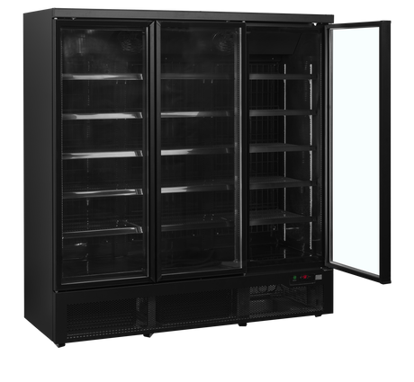 Verkaufsgefrierschrank – 3 Glastüren – 1090 L – 1880×760×2003 mm – Schwarz RAL9005 – Innenraum schwarz – -18 bis -22 °C – 15 verstellbar – 1280 W - Innenansicht