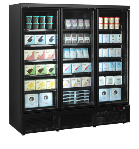 Verkaufsgefrierschrank – 3 Glastüren – 1090 L – 1880×760×2003 mm – Schwarz RAL9005 – Innenraum schwarz – -18 bis -22 °C – 15 verstellbar – 1280 W - Anwendungsbeispiel
