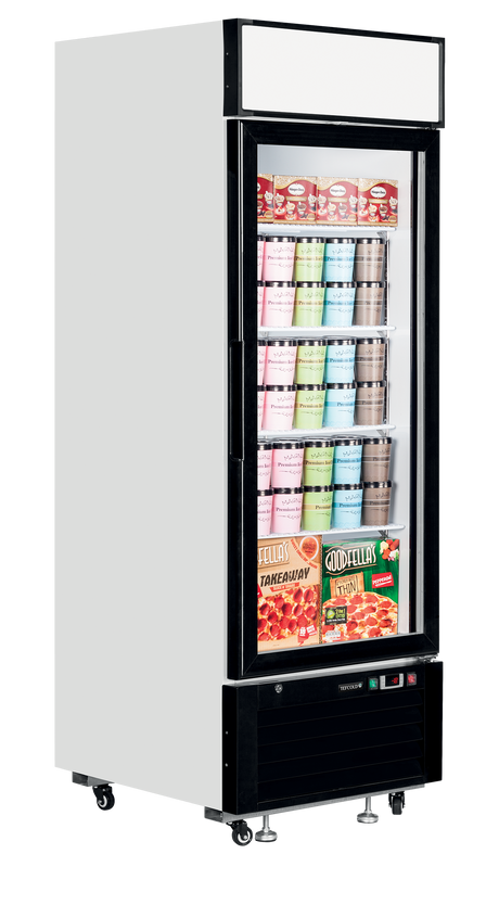 Verkaufsgefrierschrank – 1 Glastür – 405 L – 685×805×2065 mm – Weiß – -25 bis -14 °C – 4 – 650 W - Anwendungsbeispiel
