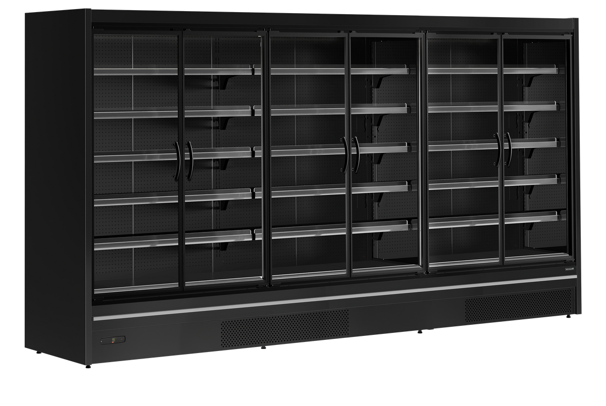 Wandkühlregal – 6 Glastüren – 2220 L – 3830×805×2095 mm – Schwarz RAL9005 - Produktansicht