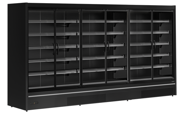 Wandkühlregal – 6 Glastüren – 2220 L – 3830×805×2095 mm – Schwarz RAL9005 - Produktansicht