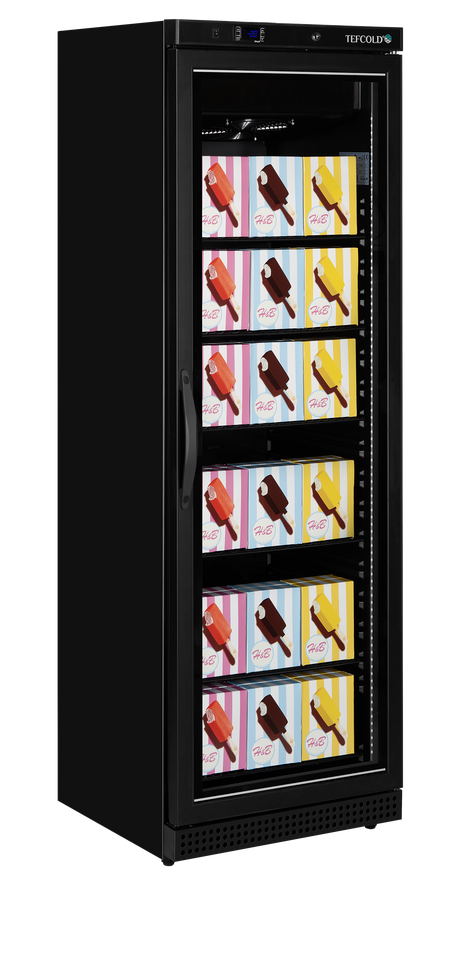 Verkaufsgefrierschrank – 1 Glastür – 340 L – 600×585×1855 mm – Schwarz – -24 bis -10 °C – 6 Tragroste, schwarz – 300 W - Produktansicht