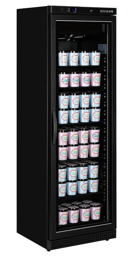 Verkaufsgefrierschrank – 1 Glastür – 340 L – 600×585×1855 mm – Schwarz – -24 bis -10 °C – 6 Tragroste, schwarz – 300 W - Weitere Ansicht