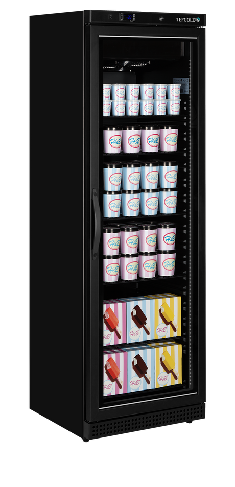 Verkaufsgefrierschrank – 1 Glastür – 340 L – 600×585×1855 mm – Schwarz – -24 bis -10 °C – 6 Tragroste, schwarz – 300 W - Weitere Ansicht