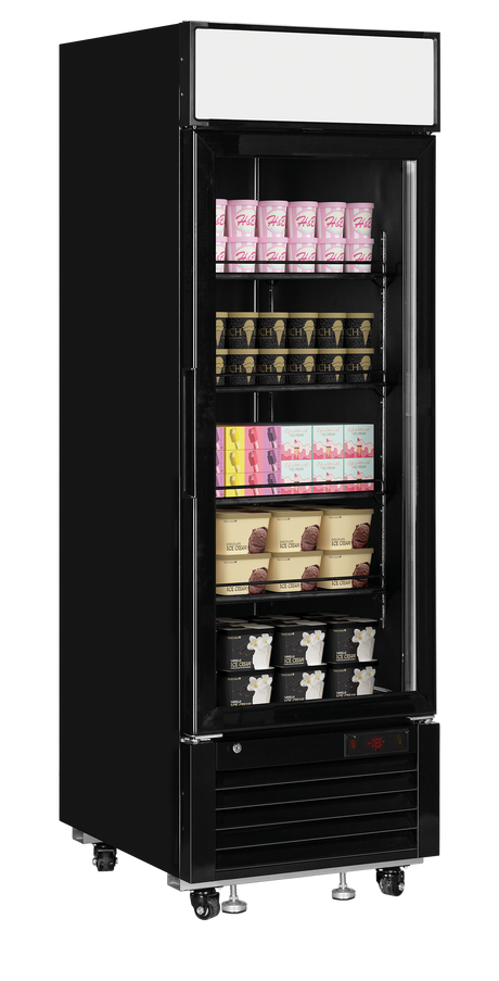 Verkaufsgefrierschrank – 1 Glastür – 405 L – 685×805×2065 mm – Schwarz RAL9005 – -25 bis -14 °C – 4 – 650 W - Anwendungsbeispiel