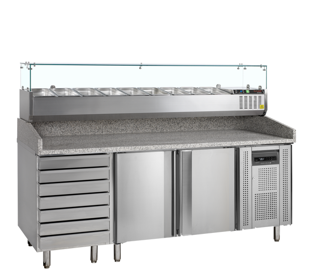 Pizzakühltisch mit Kühlaufsatz – 2 Türen – 370 L – 2045×800×1448 mm – SS 201 / SS 304 - Produktansicht