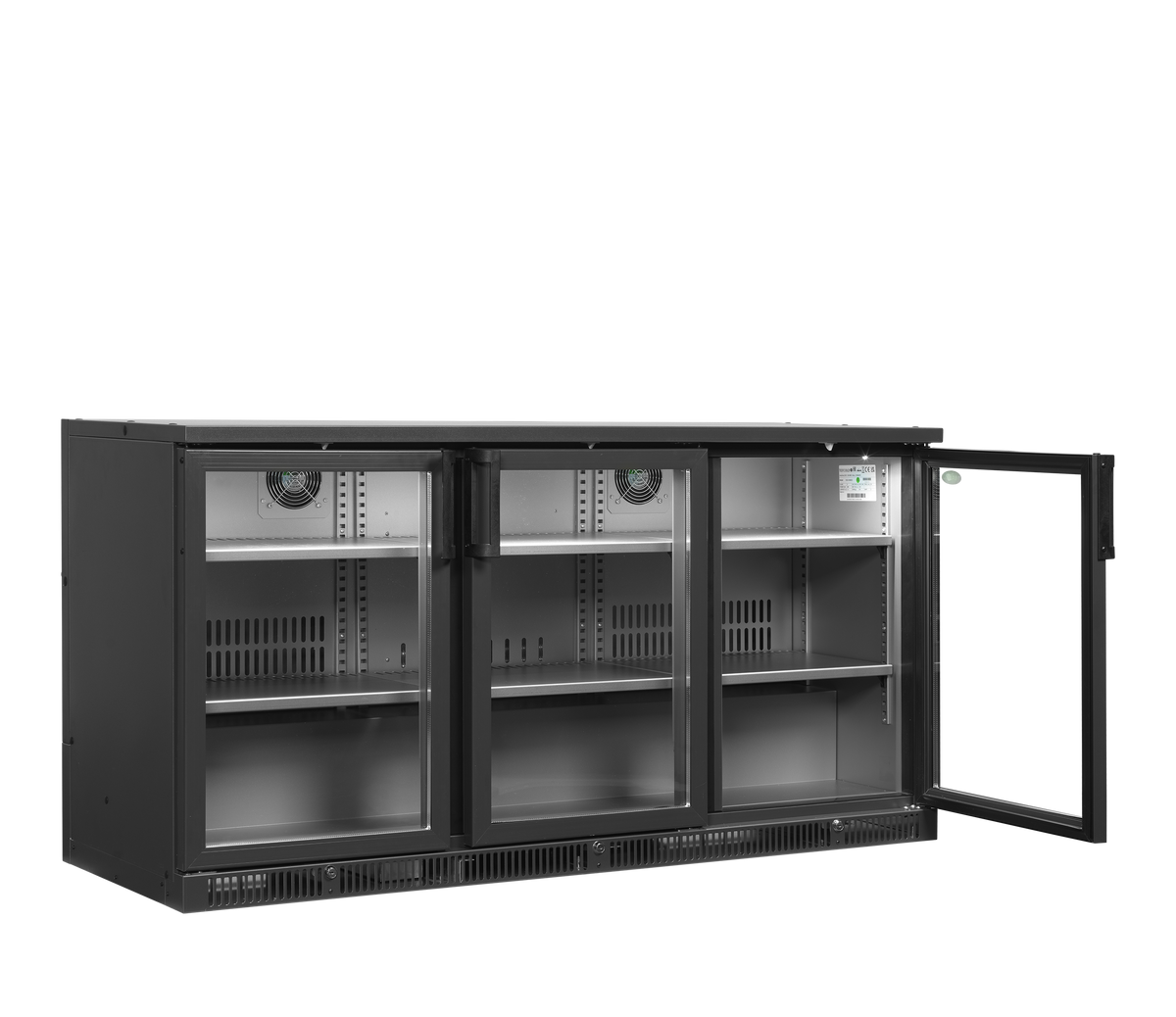 Barkühlschrank – 3 Glastüren – 401 L – 1670×620×840 mm – Anthrazit RAL 7021 - Innenansicht