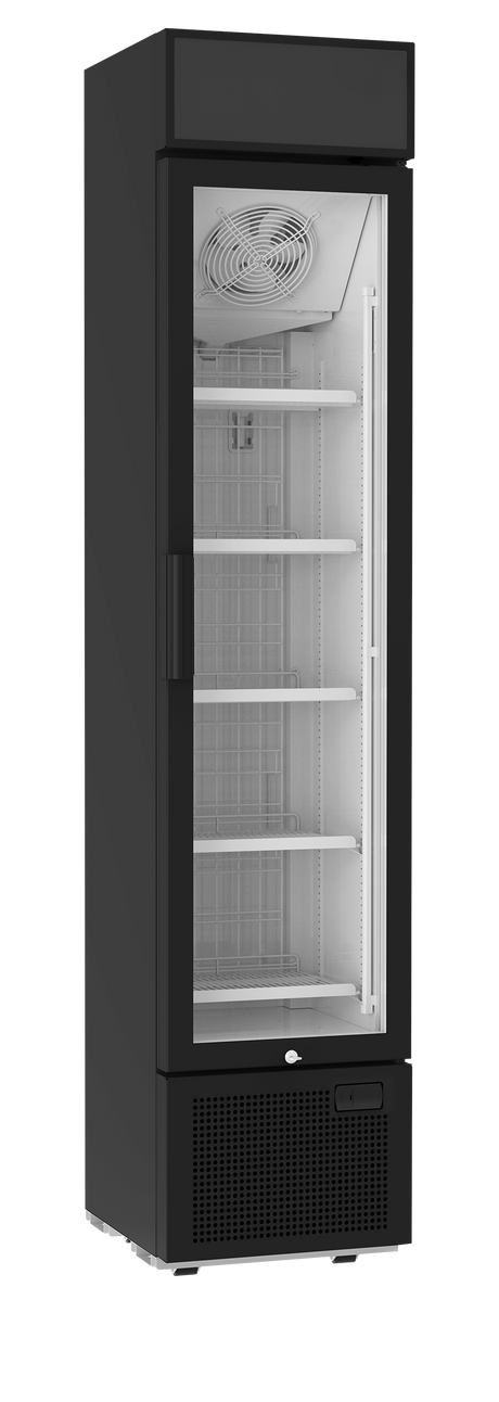 Verkaufsgefrierschrank – 1 Glastür – 113 L – 435×531×2016 mm – Schwarz – -23 bis -12 °C – 5 Tragroste – 800 W - Produktansicht