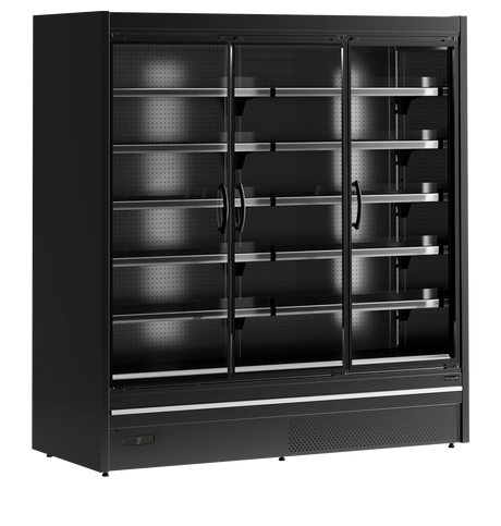 Wandkühlregal – 3 Glastüren – 1643 L – 1955×1005×2100 mm – Schwarz RAL9005 - Produktansicht