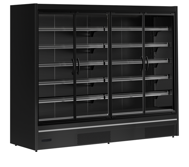 Wandkühlregal – 4 Glastüren – 2190 L – 2580×1005×2100 mm – Schwarz RAL9005 - Produktansicht