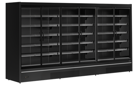 Wandkühlregal – 6 Glastüren – 3285 L – 3830×1005×2100 mm – Schwarz RAL9005 - Produktansicht