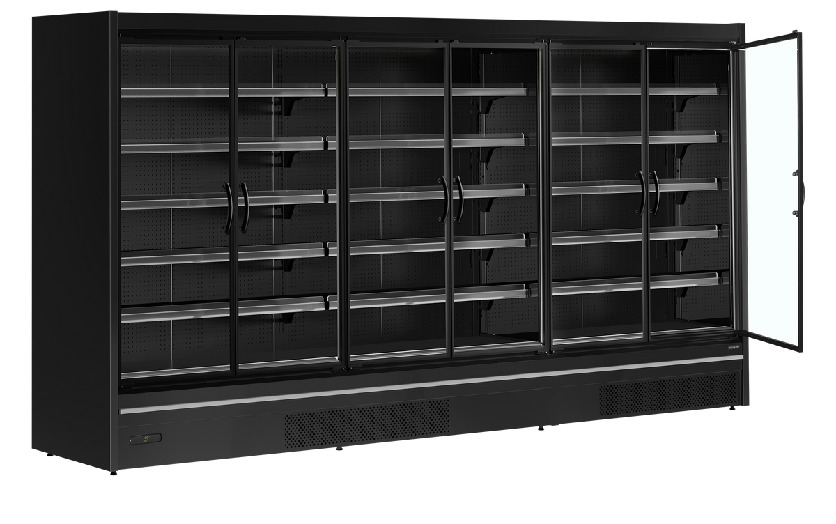Wandkühlregal – 6 Glastüren – 3285 L – 3830×1005×2100 mm – Schwarz RAL9005 - Innenansicht