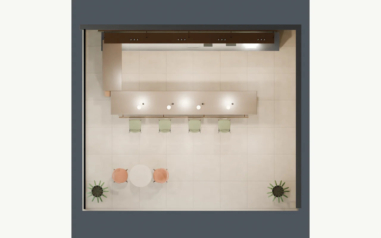Layout plan : bar counter with refrigeration and washing area