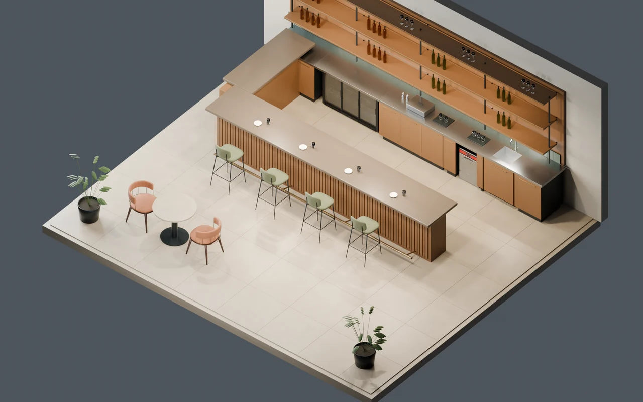 Axonometric view : bar counter with refrigeration and washing area