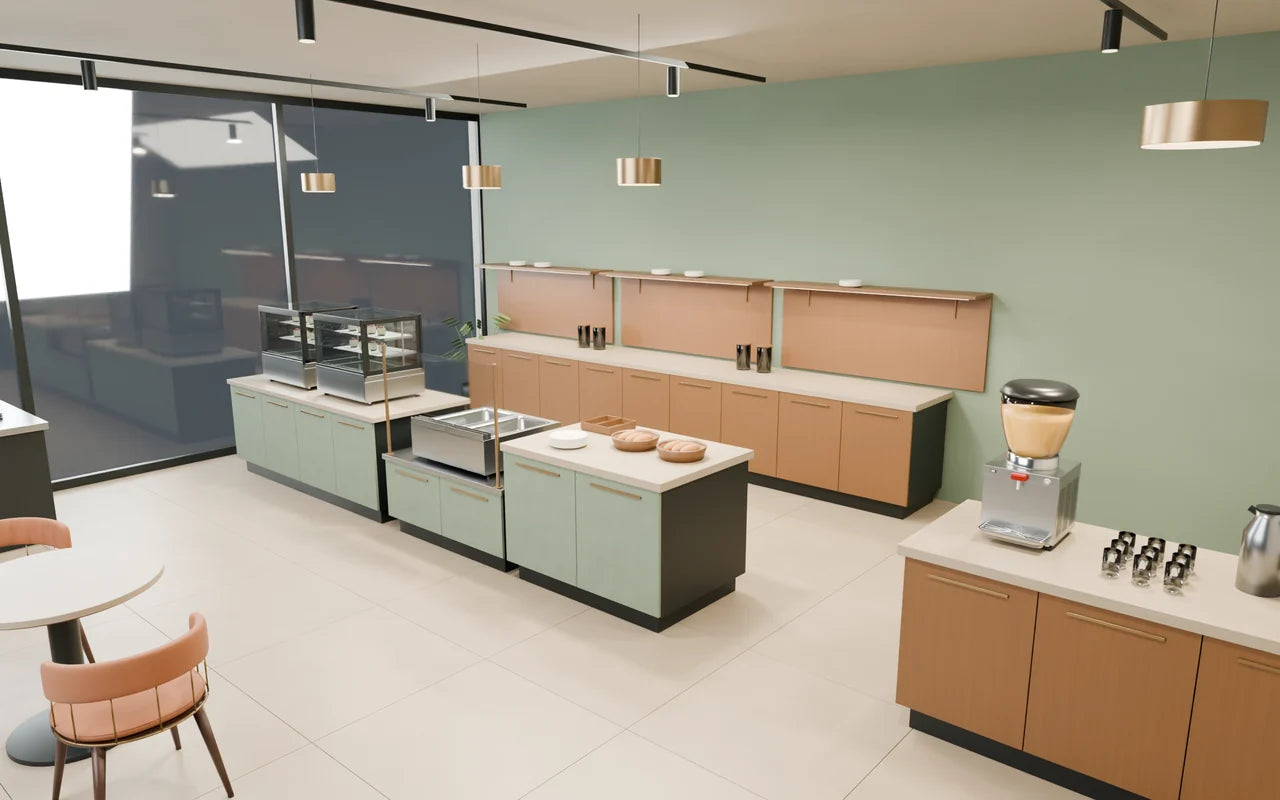 M&R 3D design study : buffet with chilled displays, bain-marie and drinks