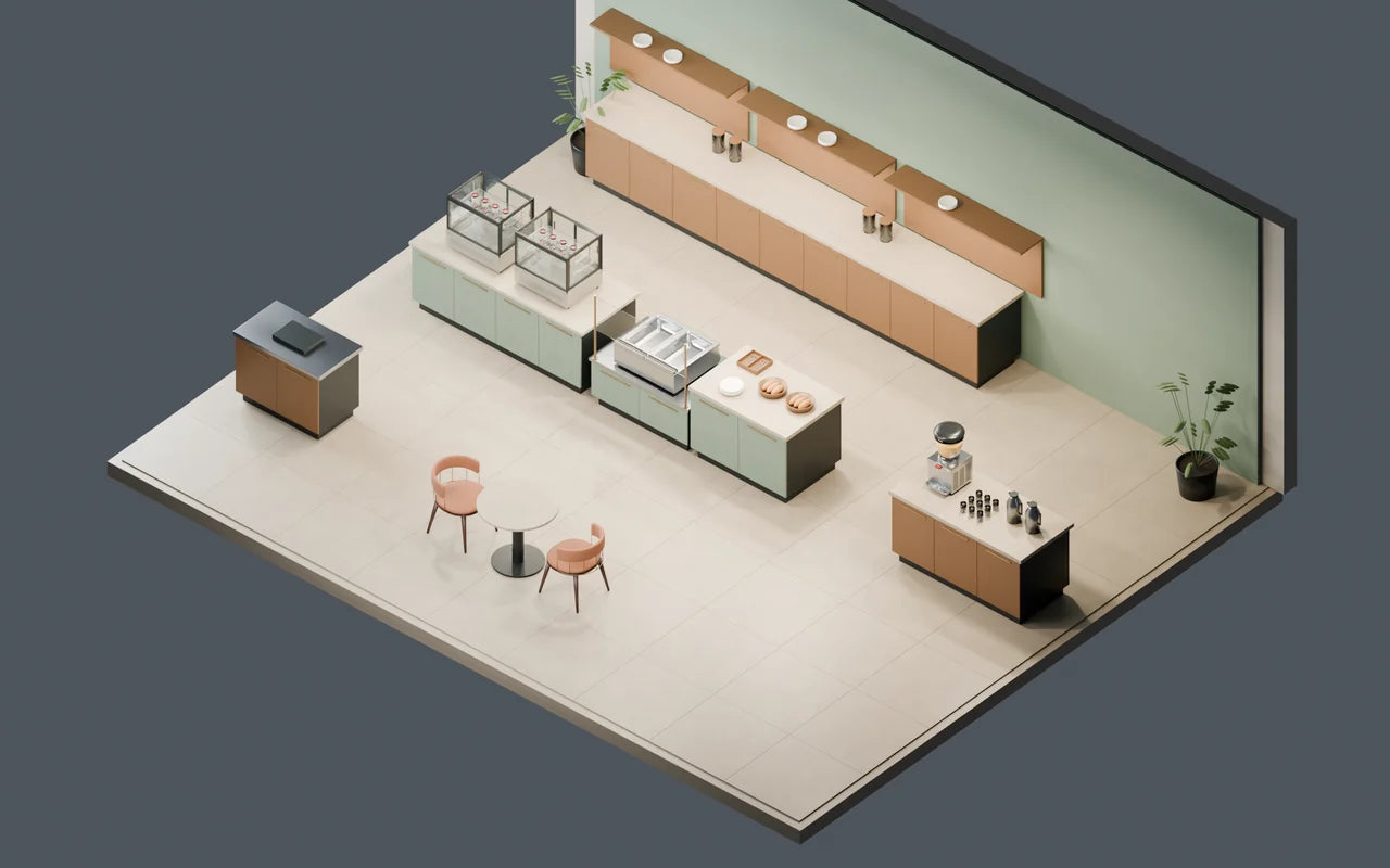 Axonometric view : buffet with chilled displays, bain-marie and drinks