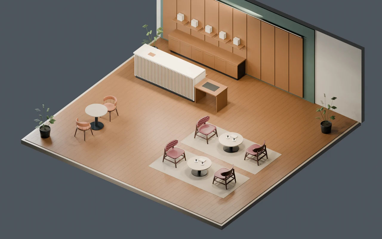 Axonometric view : hotel reception and lounge