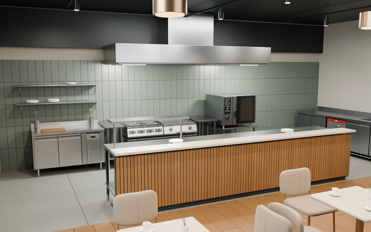 M&R 3D design study : open kitchen and restaurant dining area