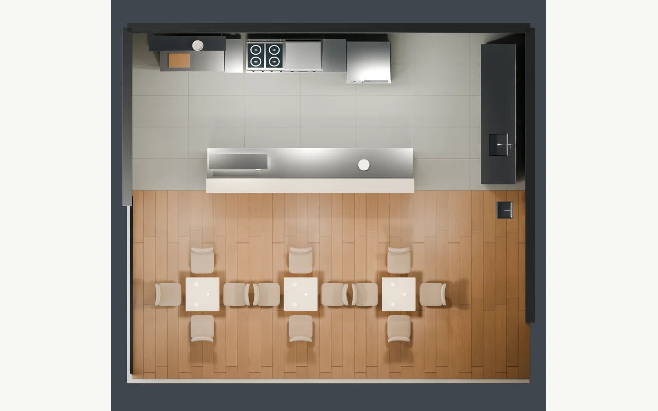 Layout plan : open kitchen and restaurant dining area