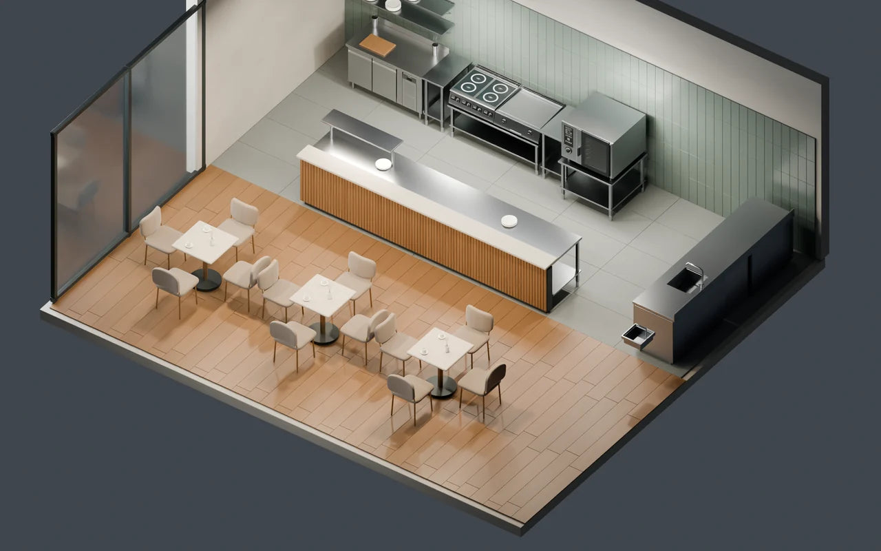 Axonometric view : open kitchen and restaurant dining area